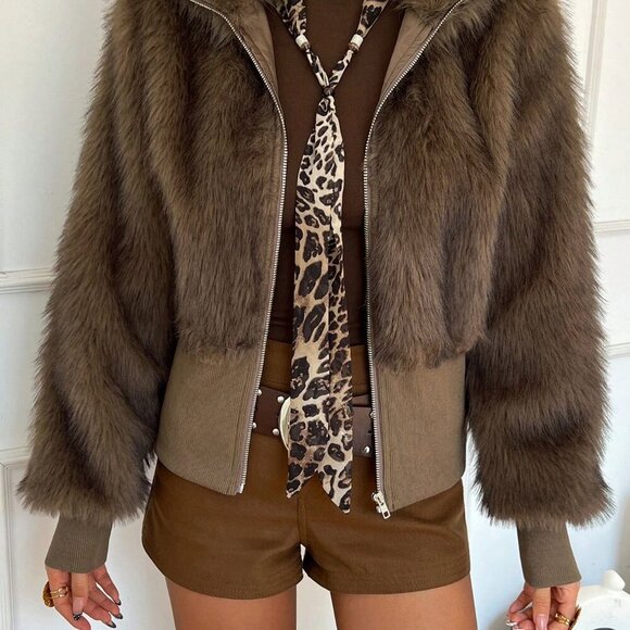 Khaki Casual Women's Short Stand Collar Faux Fur Jacket - Picture 3 of 7